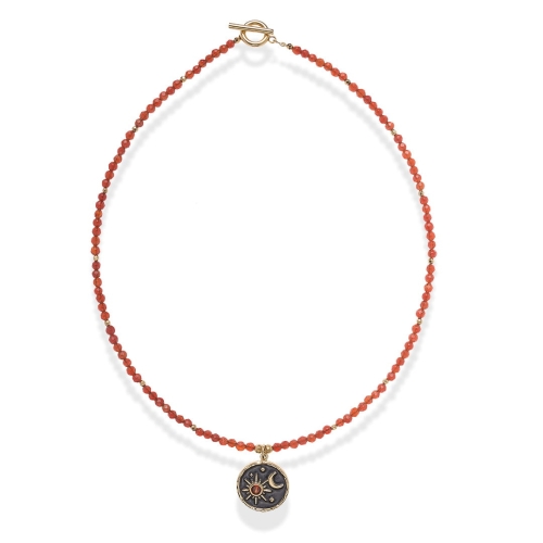 Choker z kamieni naturalnych Classic onyks czerwony z zawieszką słońce i księżyc