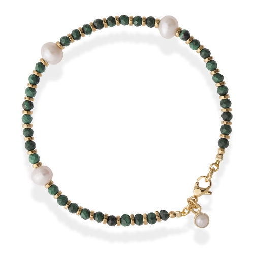 Bransoletka z zielonych kamieni malachit i perły