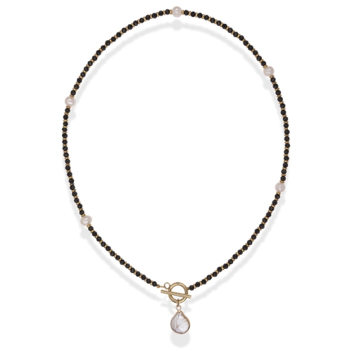 Naszyjnik z czarnych kamieni z perłą