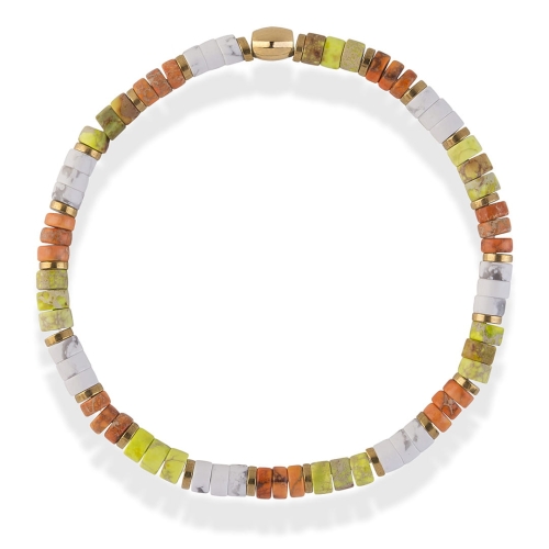 Bransoletka na gumce z kamieni naturalnych biało-pomarańczowo-zielona na lato jaspis howlit