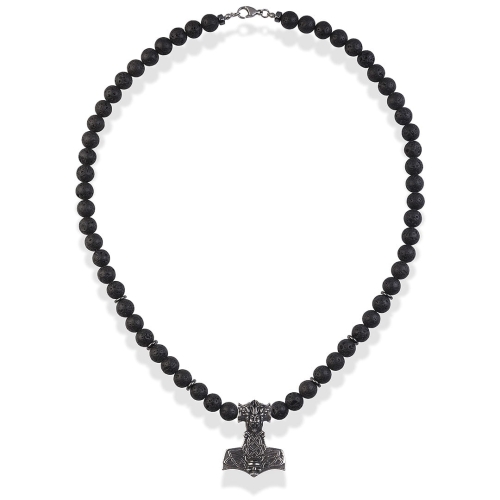 Naszyjnik męski z czarnych kulek lawy wulkanicznej z zawieszką młot Thora